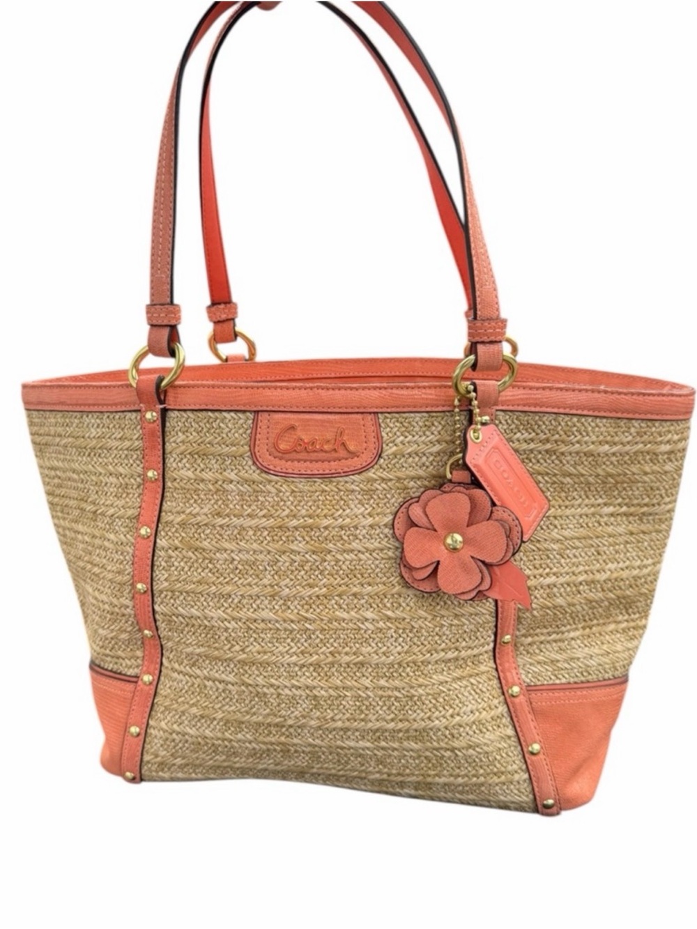 Rare Alexandria Coach Coral-Trim Straw Tote with Floral Charm